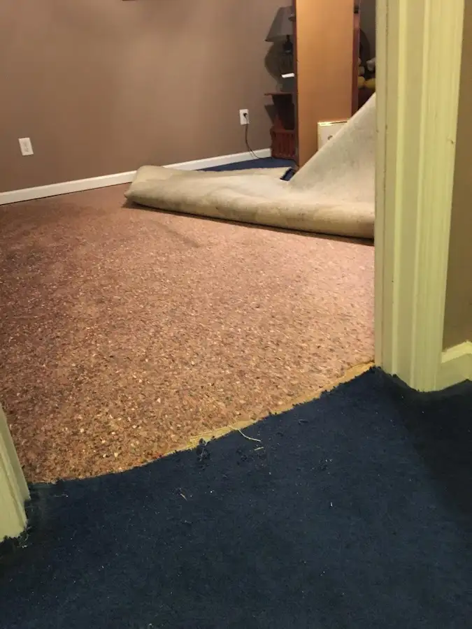 Carpet pad removal revealing water damage during Drying & Dehumidification in Adairsville
